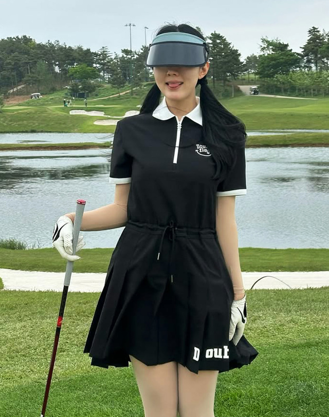 더블플래그 여성 [여신핏] 블랙 여성 전판 펀칭 반팔 카라 원피스 상세