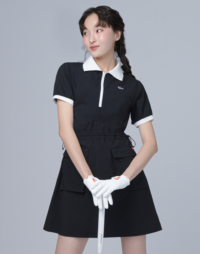 더블플래그 여성 [AIR Cool] 블랙 여성 빅 포켓 시어서커 반팔 카라 원피스 착용컷