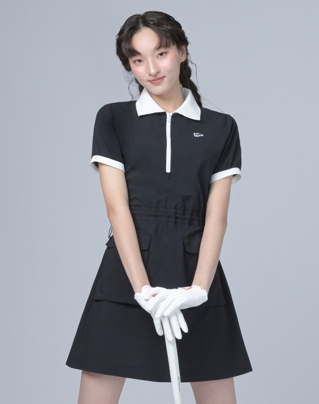 더블플래그 여성 [AIR Cool] 블랙 여성 빅 포켓 시어서커 반팔 카라 원피스 착용컷