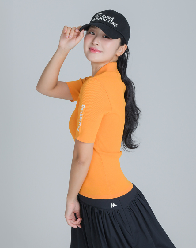 더블플래그 여성 [여신핏] 딥 옐로우 여성 에리배색 골지 포인트 반팔 니트 진한 노랑 착용컷
