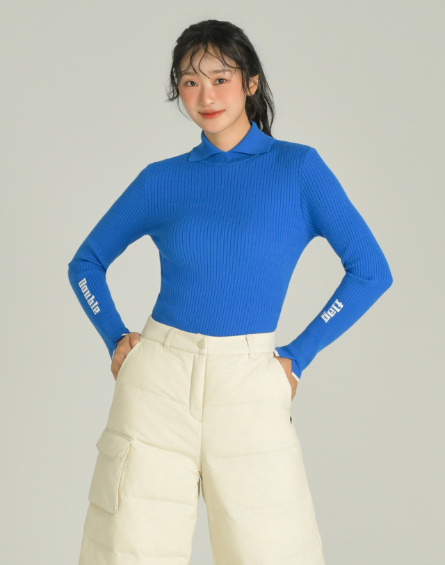 더블플래그 여성 [Layering] 블루 여성 컬러팁 긴팔 골지니트 착용컷