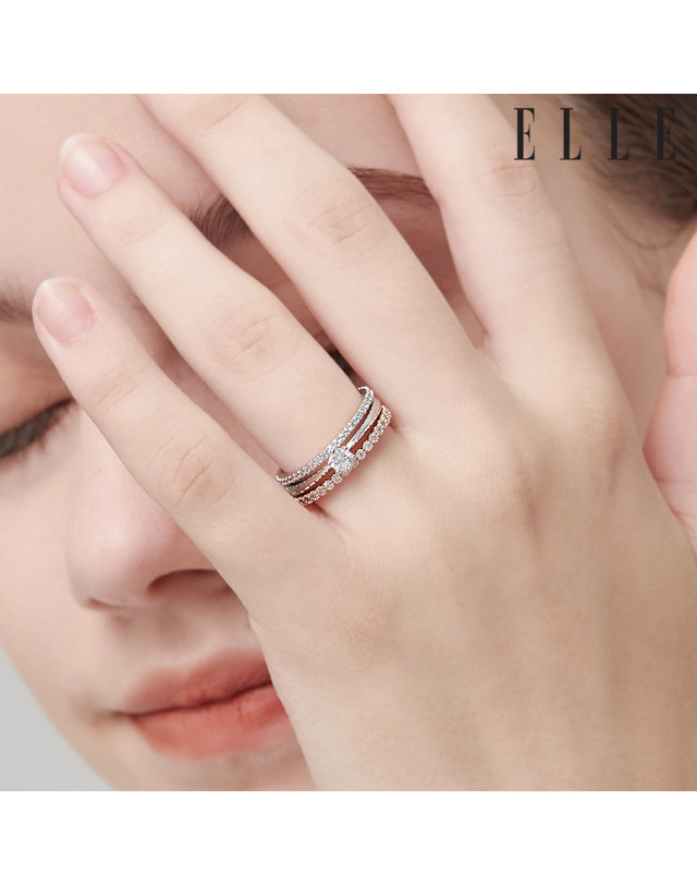 엘르 주얼리 럭셔리 콤비 레이어드 링 3종 세트 ELBRWR109 착용컷