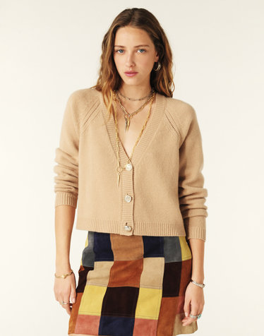 [캐시미어 100%] 카멜 브이넥 미니멀 가디건