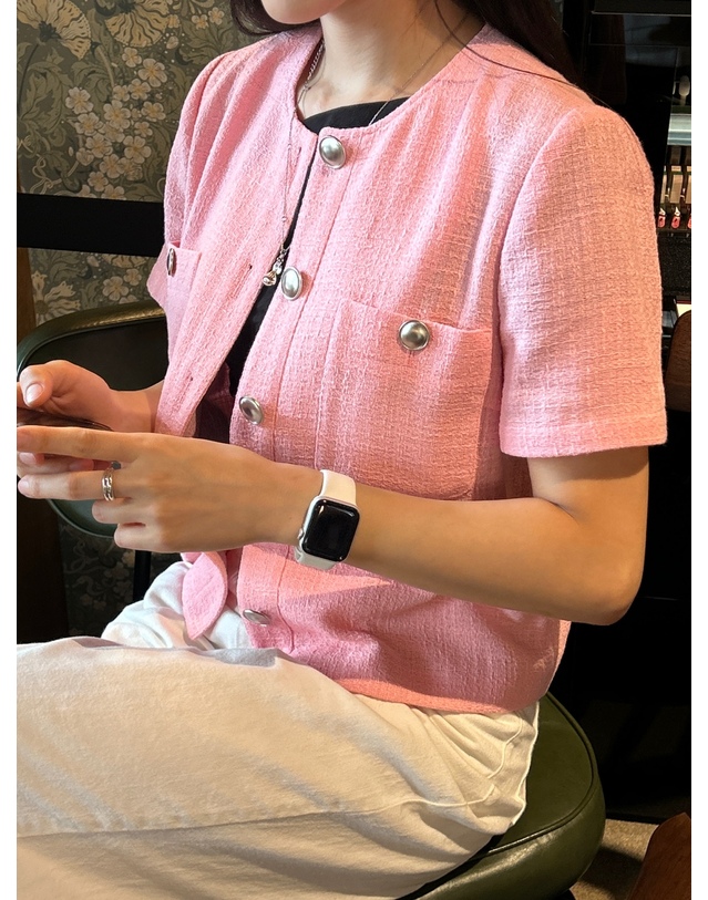 바쉬 핑크 린넨 혼방 반팔 트위드자켓 착용컷