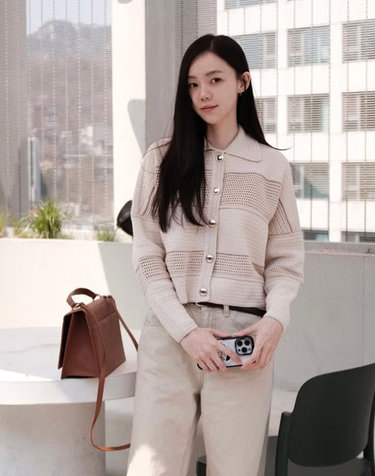 아이보리 짜임 면 카라 가디건