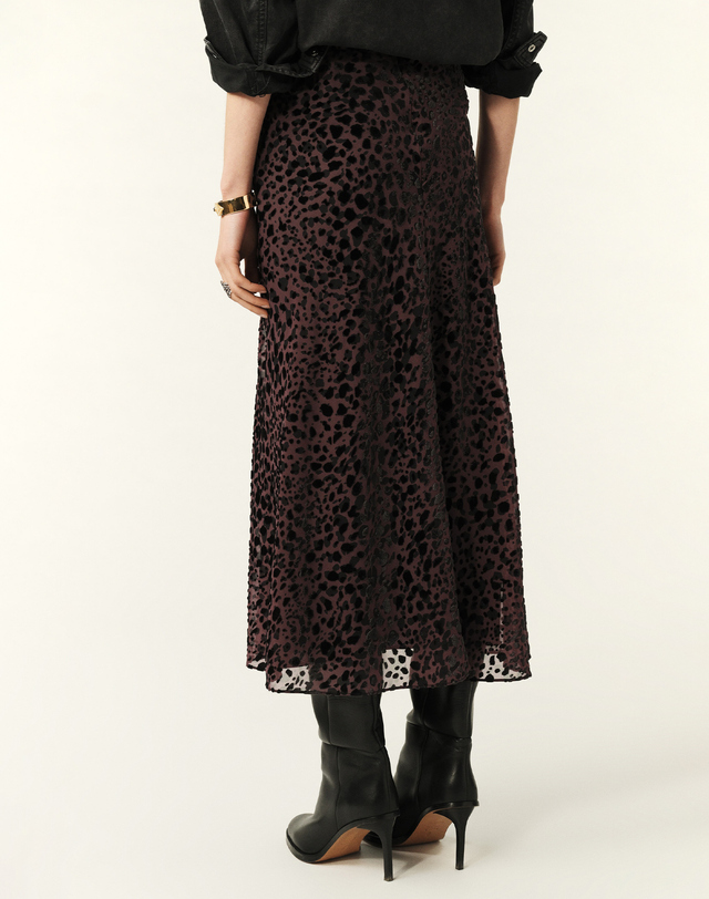 바쉬 와인 레오파드 패턴 셔링 디테일 롱 플레어스커트 착용컷