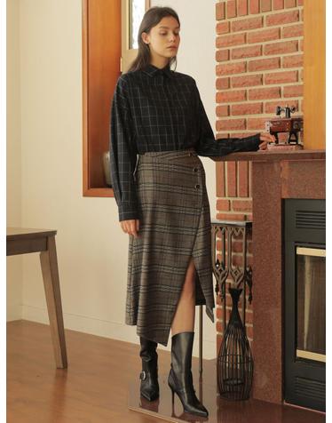 UNBALANCE WRAP CHECK SKIRT_GRAY