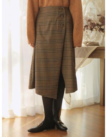 UNBALANCE WRAP CHECK SKIRT_BROWN