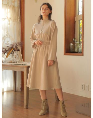ZIPUP SHIRRING ONE-PIECE_BEIGE