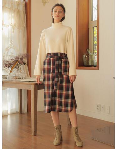 CHECK LAYERED TURTLENECK ONE-PIECE_IVORY