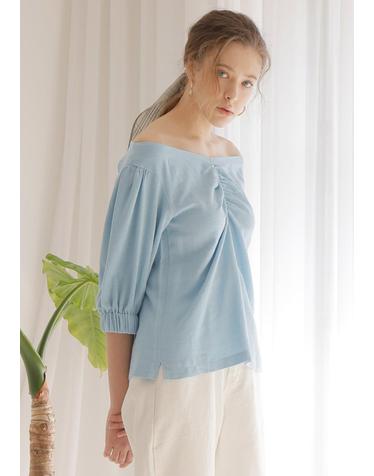 LINEN PUFF SLEEVE BLOUSE _ BLUE