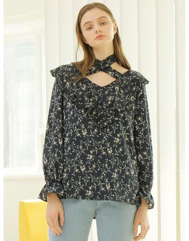 FLORAL CHIFFON SCARF BLOUSE_NAVY