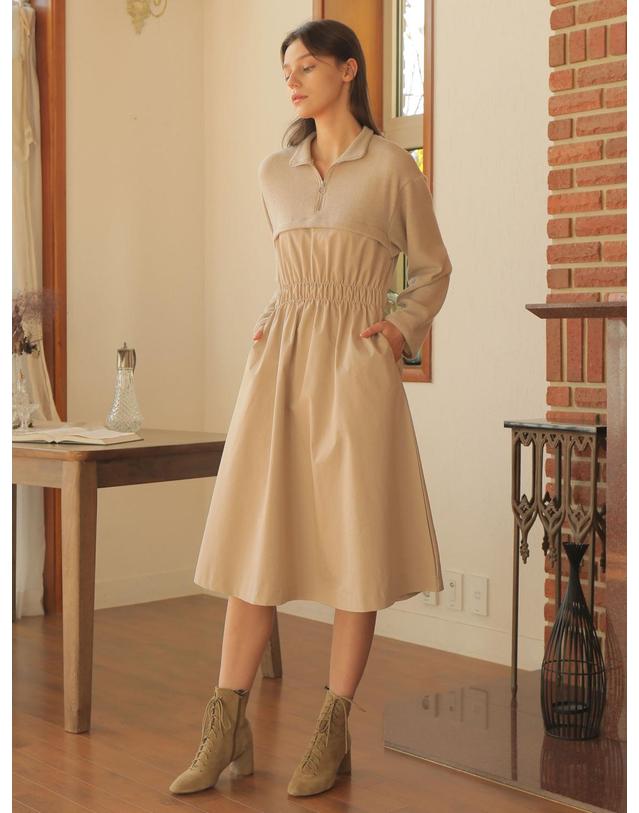 와드로브 ZIPUP SHIRRING ONE-PIECE_BEIGE 착용컷