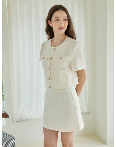 [SET] 써머 크롭 싱글 자켓 + 베이직 에이라인 미니 스커트 아이보리