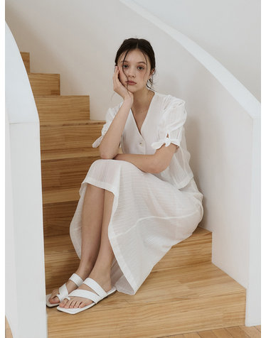 [SET] 리본 슬리브 코튼 블라우스 + 롱 스커트 화이트