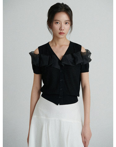 쉬폰 프릴 반팔 니트 가디건_2컬러 S262B999