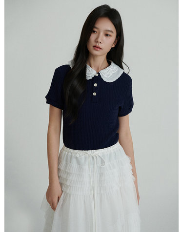 레이스 카라 케이블 반팔 니트_2컬러 O262T969