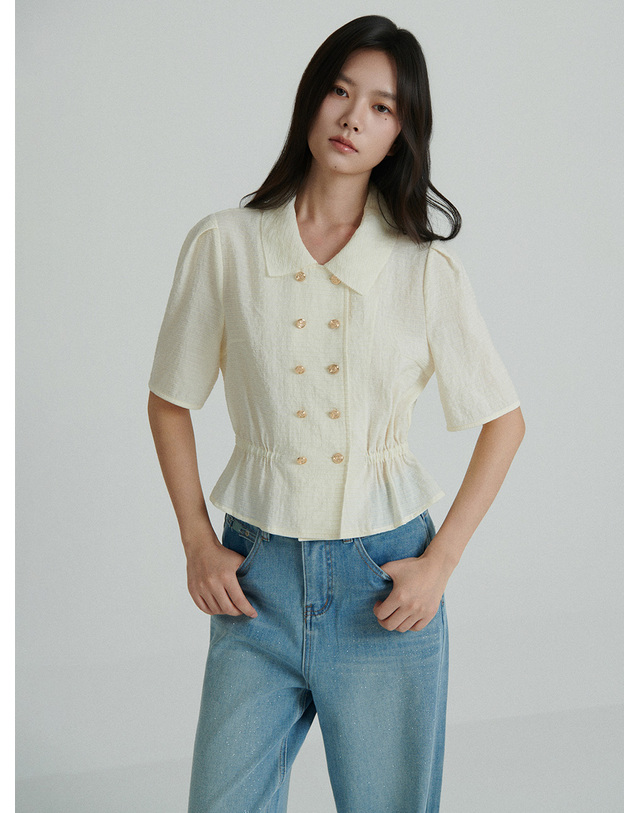 샤틴 더블버튼 크롭 블라우스_2컬러 S262B262 착용컷