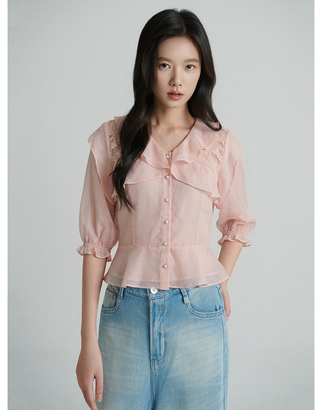 샤틴 러플 쉬폰 블라우스_3컬러 S262B255 착용컷