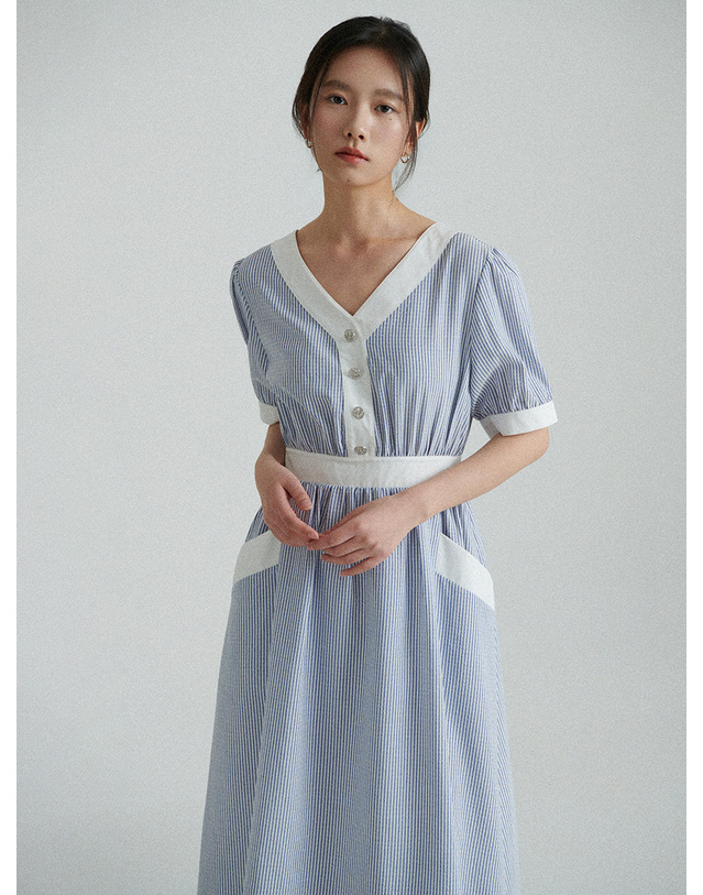 샤틴 배색 포인트 스트라이프 원피스 O262T619 착용컷