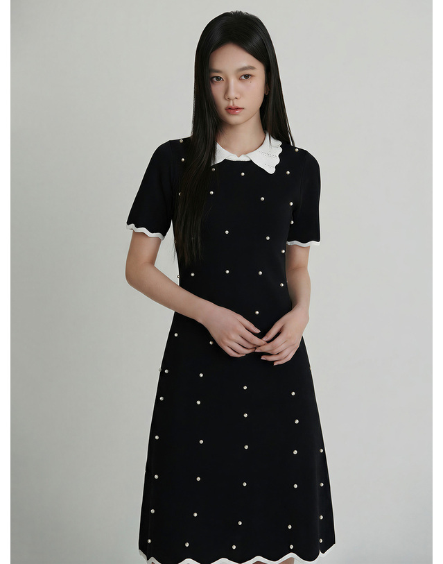 샤틴 레이스 카라 진주 니트 원피스 O262T960 착용컷