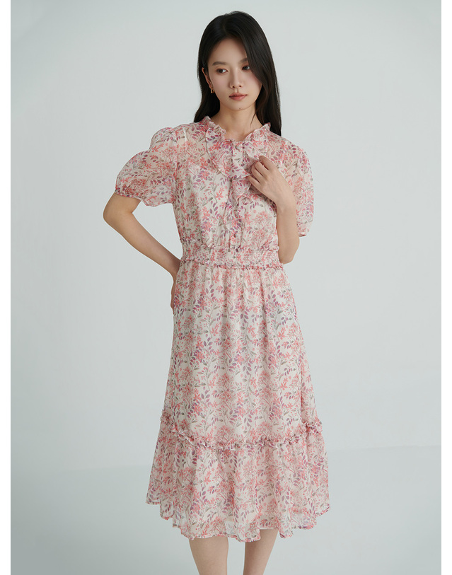 샤틴 로맨틱 플라워 프릴 쉬폰 원피스_2컬러 O262T602 착용컷