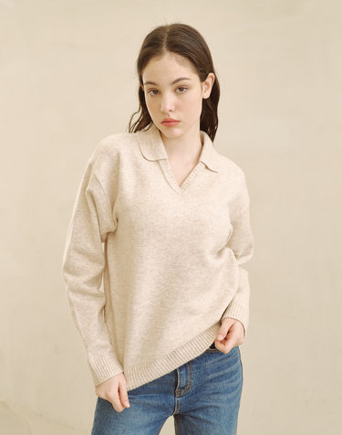 블랜드 브이넥 카라 니트_오트밀