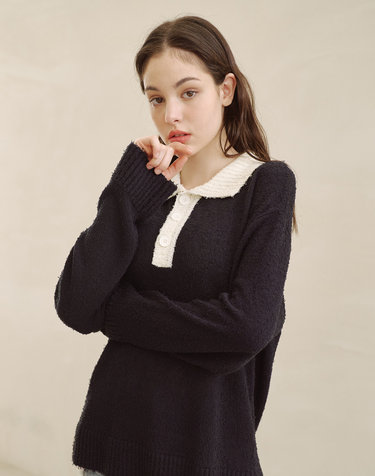 테일 얀 컬러레이션 카라 니트_네이비