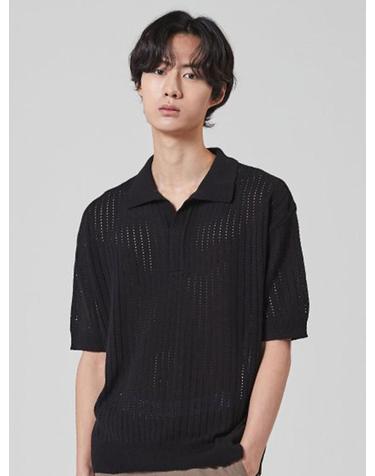 오픈 카라 펀칭 니트_블랙