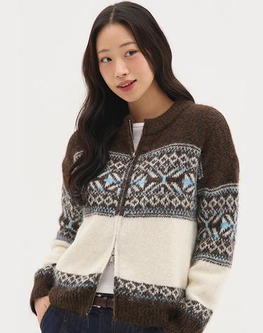 스노우 노르딕 투웨이 니트 집업_브라운