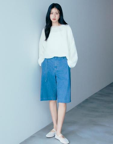 사이드 플리츠 벨티드 버뮤다 데님