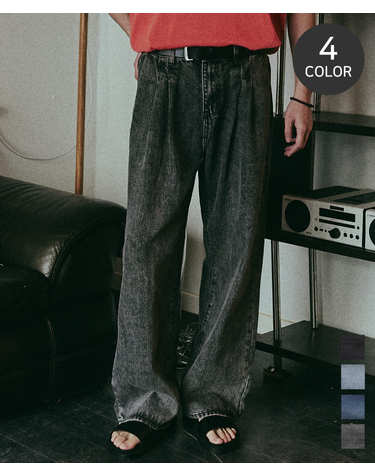 워싱 와이드 투턱 데님 팬츠 4COLOR