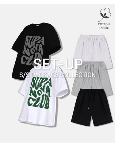[SET] 슈퍼 노바 클럽 티셔츠 + 버뮤다 원턱 와이드 스웨트 쇼츠 세트