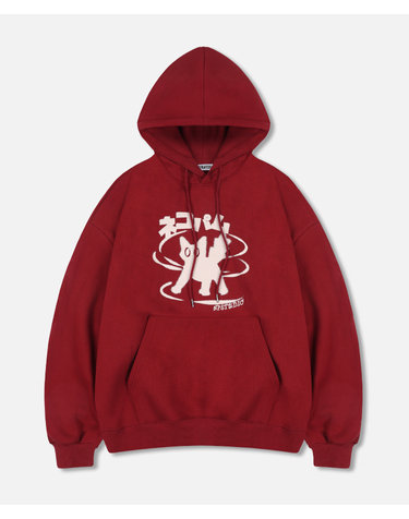 [기모]네코 팜 로고 오버핏 후드 티셔츠 버건디