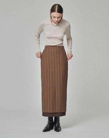STRIPE SHEER LAYERED H-LINE SKIRT_AUBURN MOCHA