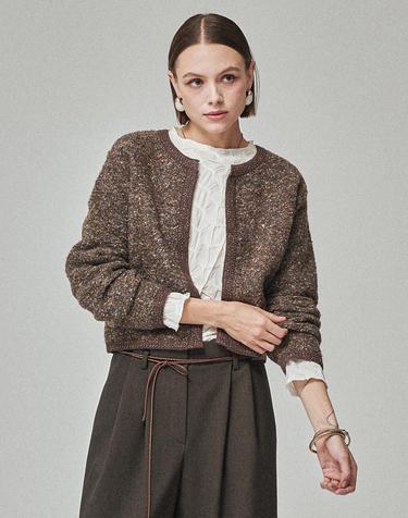 TWEED CROP CARDIGAN_TWEED BROWN