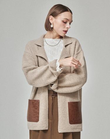 LEATHER POCKET KNIT JACKET_SOFT OAT BEIGE