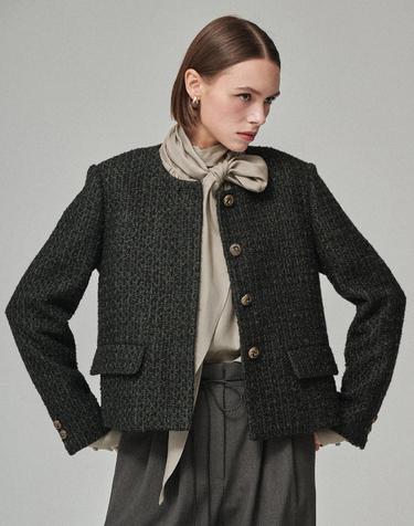 ROUND NECK NO-COLLAR TWEED JACKET_BLACK GREEN TWEED