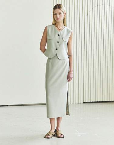 (SET) POCKET BUTTON VEST & H-LINE SLIT SKIRT_OLIVE GRAY