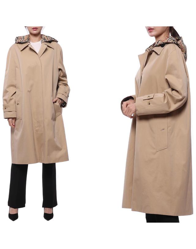 버버리 [유니코] [버버리] 23FW 여성 체크 후드 개버딘 카 코트 (8072677 HONEY 23F) (8072677 HONEY 23F) 착용컷