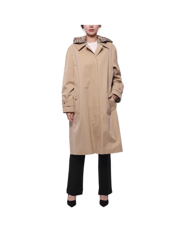 버버리 [유니코] [버버리] 23FW 여성 체크 후드 개버딘 카 코트 (8072677 HONEY 23F) (8072677 HONEY 23F) 착용컷