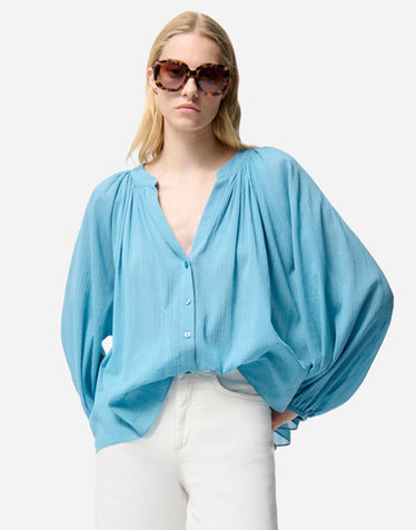 블루 셔링 면 긴팔 블라우스
