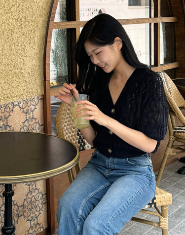 블랙 크로셰 실크혼방 긴팔 가디건