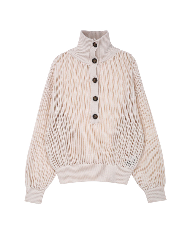 바네사브루노 [백화점BEST] 오프화이트 버튼배색 짜임 긴팔 니트 미색 착용컷