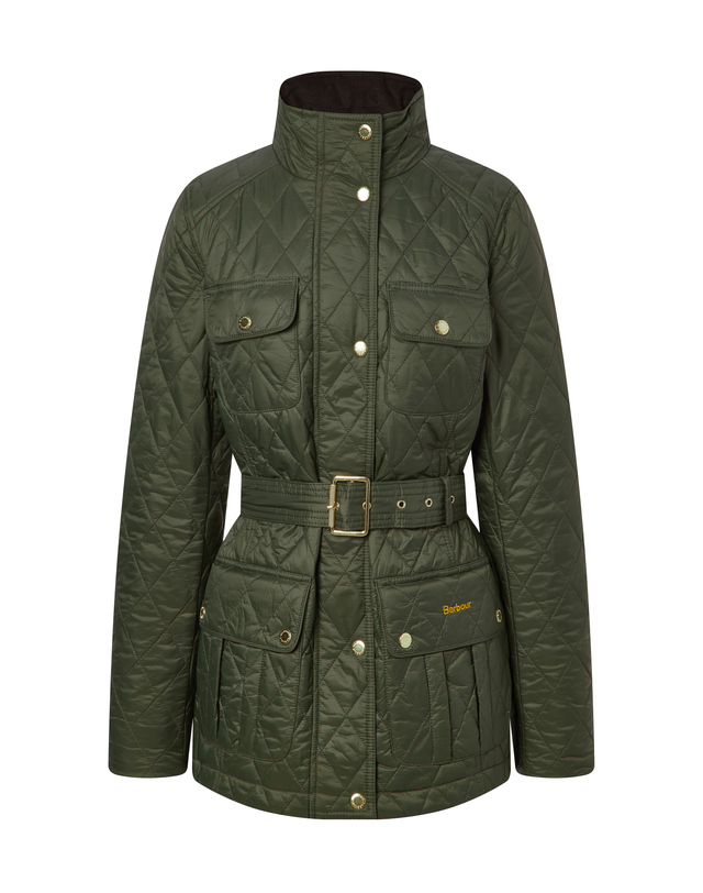 바버 여성 올리브 Belted Country Utility 퀼팅 자켓 진한 연두 착용컷