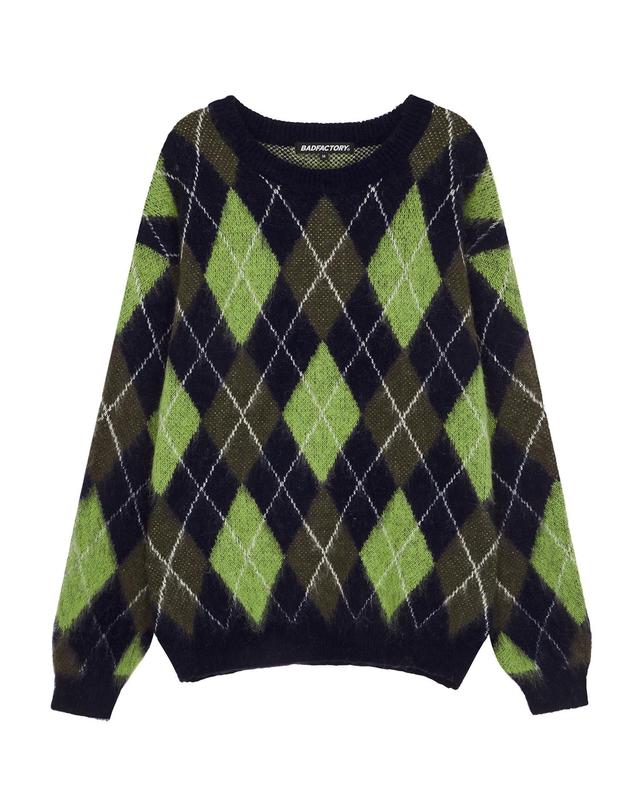 배드 팩토리 헤어리 아가일 스웨터 네이비/그린 (HAIRY ARGYLE SWEATER NAVY/GREEN) 착용컷