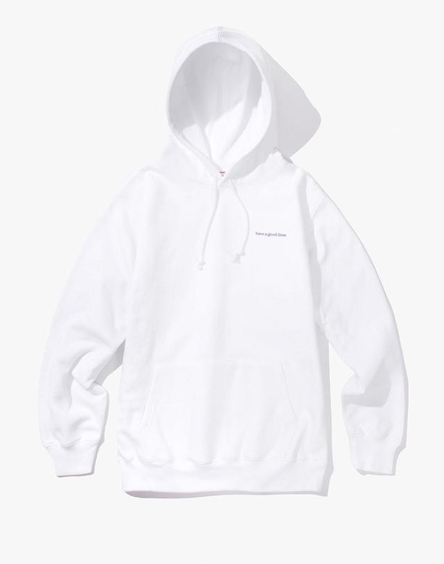 해브어굿타임 해브 어 굿 타임 Side Logo Pullover Hoodie - White / 후드 티셔츠 흰색 착용컷