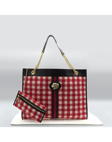 [중고]고이비토 구찌 537219 레드 아이보리 트위드 체크 Rajah tote 라자백 라지 L사이즈 타이거 헤드 웹 스트