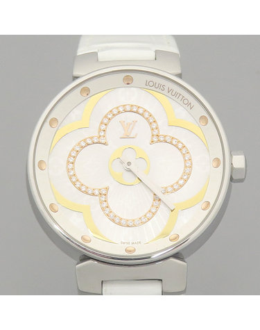 [중고]고이비토 루이비통 QA019Z TAMBOUR MOON DIVINE (땅부르 문 디바인) 35MM 0.19캐럿 다이아 자개판 가죽 밴드 여성용 시계 K36565LV