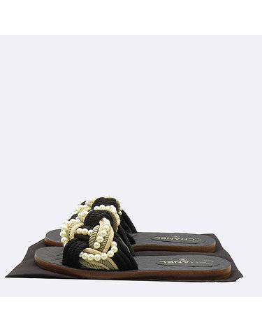[중고]스미스마켓 샤넬 스트랩 진주 커스텀 장식 여성용 뮬 슬리퍼 - 230MM K17179CH